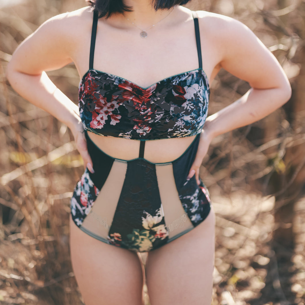 Floral Velvet BodySuit | Crotchless